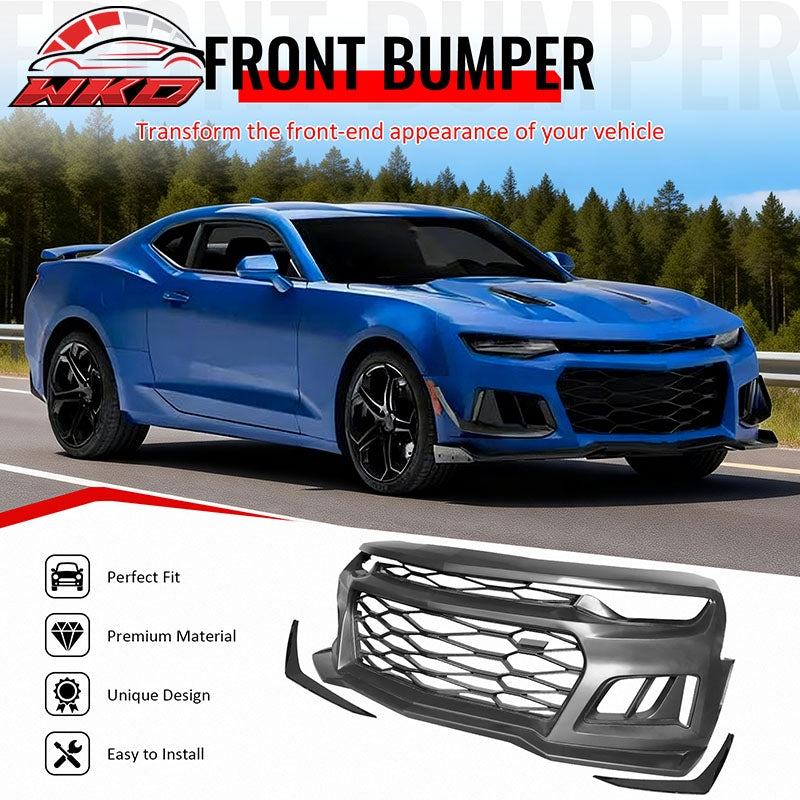 Fits 19-24 Chevy Camaro ZL1 Front Bumper Cover Conversion Kit Gloss Black Canard