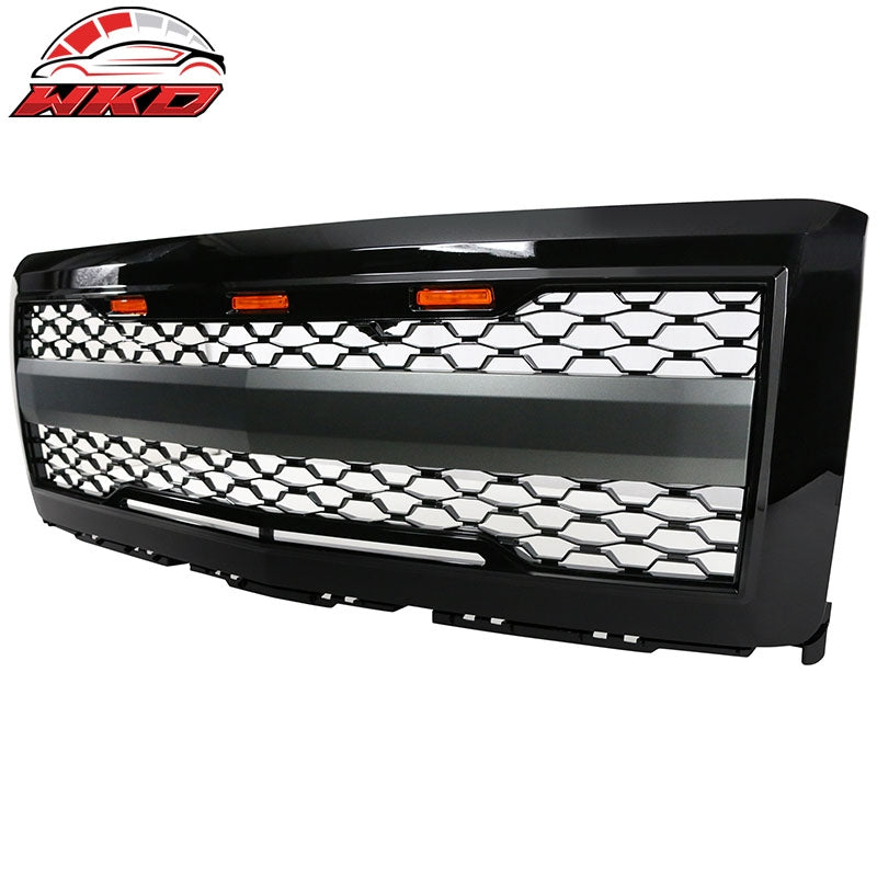 Fits 14-15 Chevy Silverado 1500 Front Bumper Hood Mesh Grille Guard Gloss Black