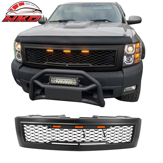 Wholesale 07-13 Chevy Silverado 1500 Matte Black Bumper Hood Mesh Grille Amber Light