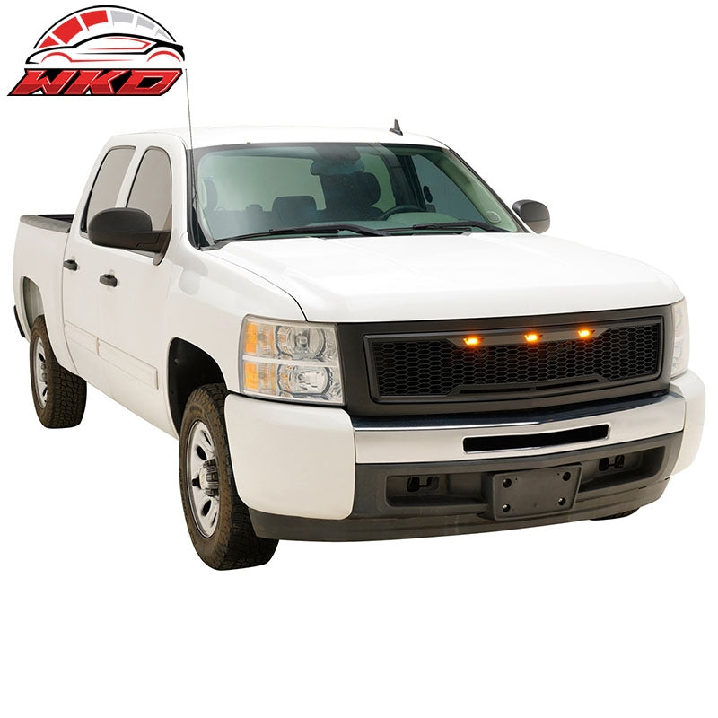 Fits 07-13 Chevy Silverado 1500 Matte Black Bumper Hood Mesh Grille Amber Light