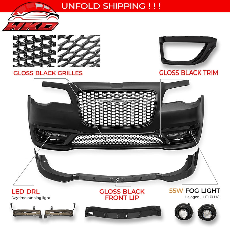 For 15-23 Chrysler 300 300S Style Front Bumper Cover Fog Lights Gloss Grille/Lip