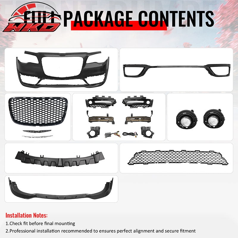 For 15-23 Chrysler 300 300S Style Front Bumper Cover Fog Lights Gloss Grille/Lip