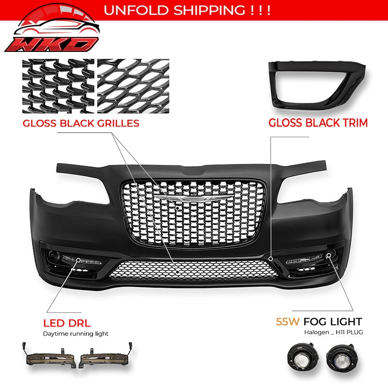 Fits 15-23 Chrysler 300 300S Style Front Bumper Cover w/ Fog Lights Gloss Grille