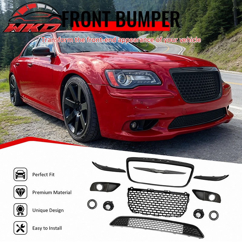 Fits 11-14 Chrysler 300 SRT8 Gloss Black Front Upper Lower Grille w/ Fog Lights