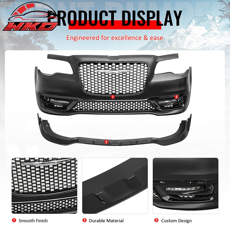 For 15-23 Chrysler 300 Sport Style Front Bumper Cover Fog Light Gloss Grille/Lip
