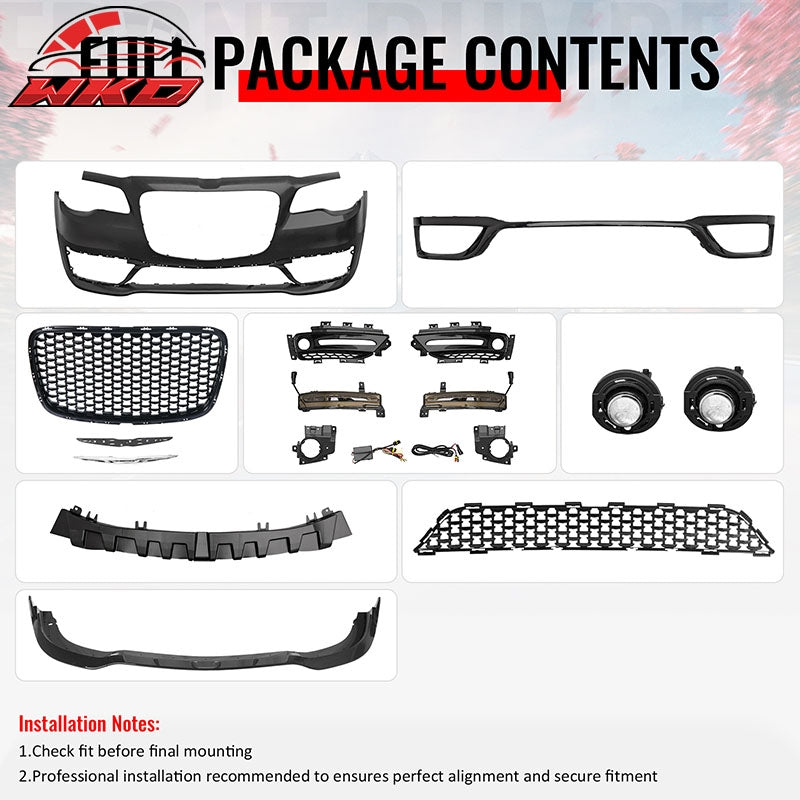 For 15-23 Chrysler 300 Sport Style Front Bumper Cover Fog Light Gloss Grille/Lip