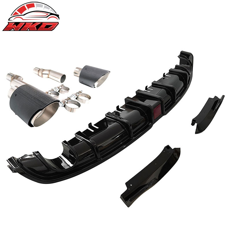 For 22-26 Civic EX/Touring/Si Sedan 3PC Rear Diffuser W/LED+Dual Tip Gloss Black