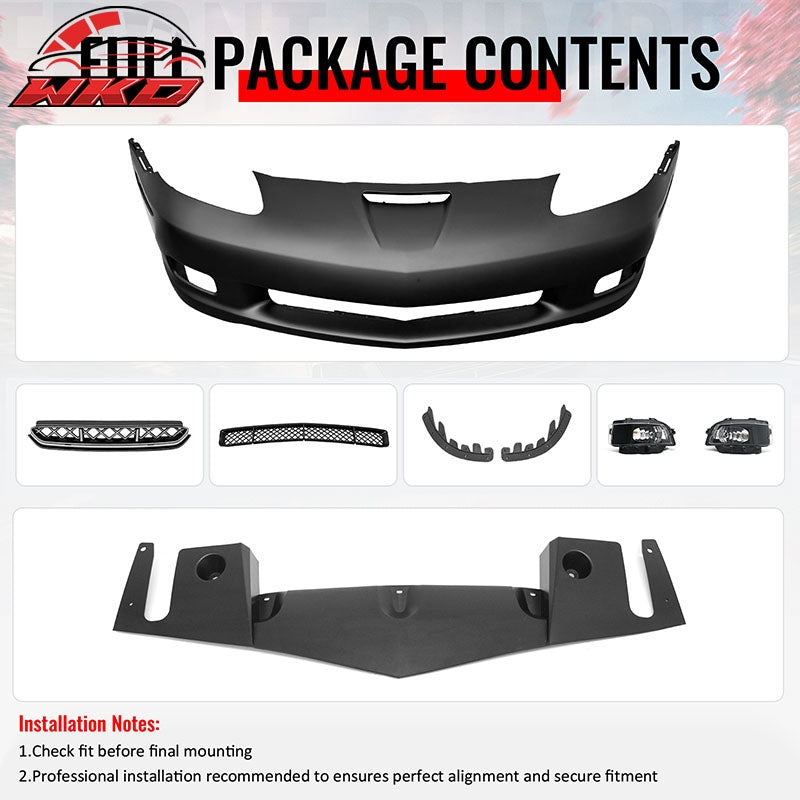 For 06-13 Corvette C6 Front Bumper Cover Z06 Style Conversion Assembly +Foglight