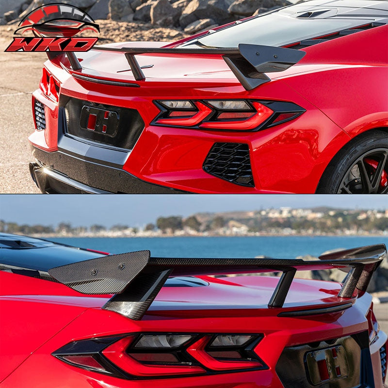Fits 20-26 Chevrolet Corvette C8 High Wing Trunk Spoiler Carbon Fiber Print ABS