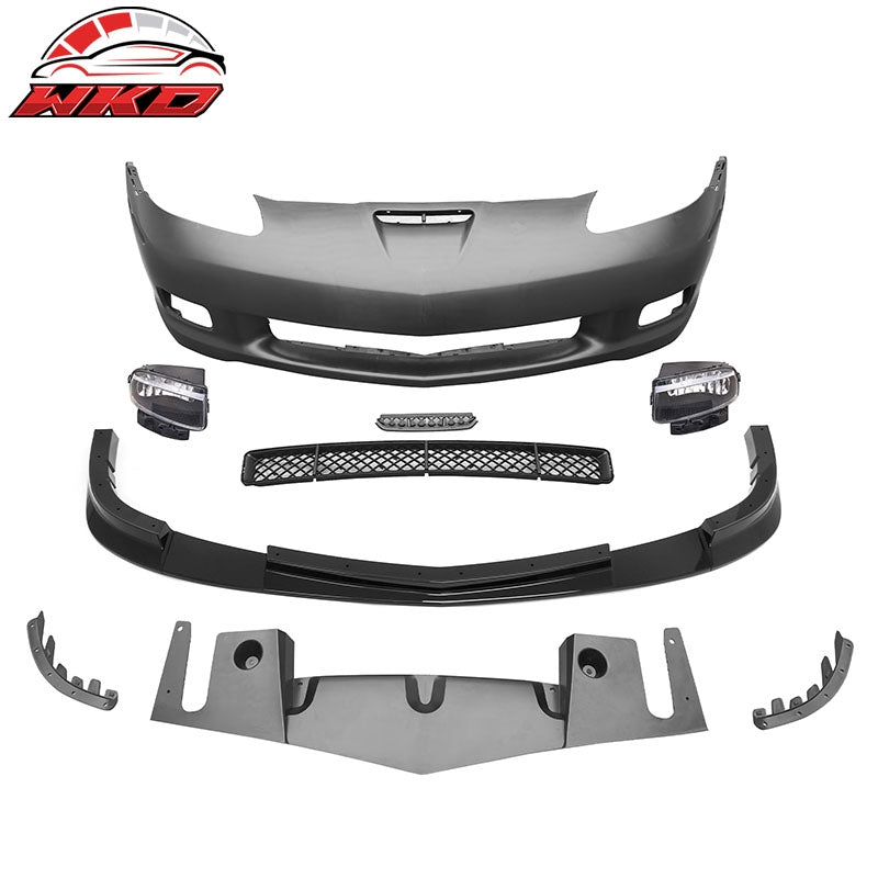 Wholesale 05-13 Corvette Front Bumper Cover Z06 Conversion +Foglight +Gloss Black Lip