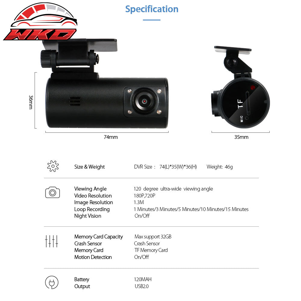 Dash Cam Mini A110 720P 120Ąă Car DVR Camera Video Recorder Night Vision G-Sensor