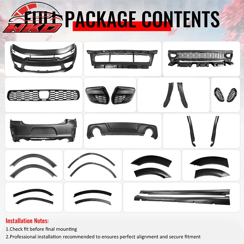 For 15-23 Dodge Charger Front & Rear Bumper Cover & Side Skirt & Fender Flare