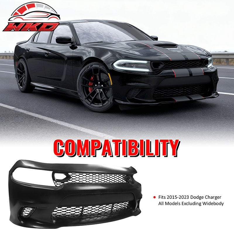 Fits 15-23 Dodge Charger SRT Hellcat Style Front Bumper W/Foglight Grille&Insert