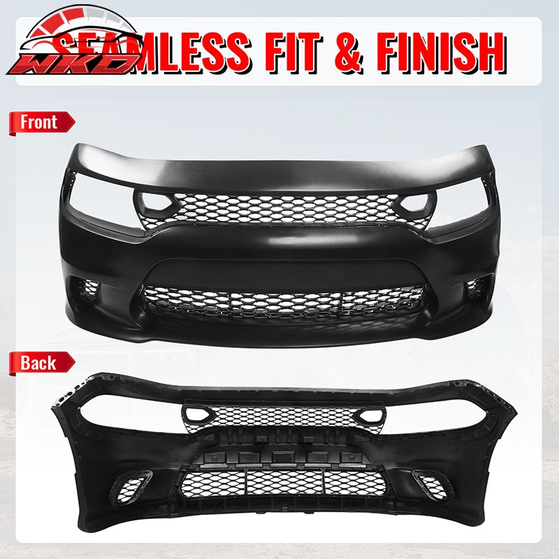 Fits 15-23 Dodge Charger SRT Hellcat Style Front Bumper W/Foglight Grille&Insert