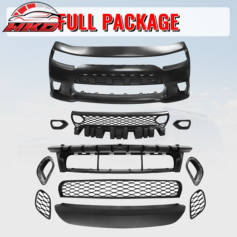 Fits 15-23 Dodge Charger SRT Hellcat Style Front Bumper W/Foglight Grille&Insert
