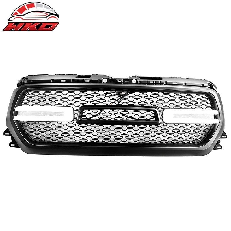 Fits 19-24 Dodge Ram 1500 Front Bumper Hood Mesh Grille W/ White LED Matte Black