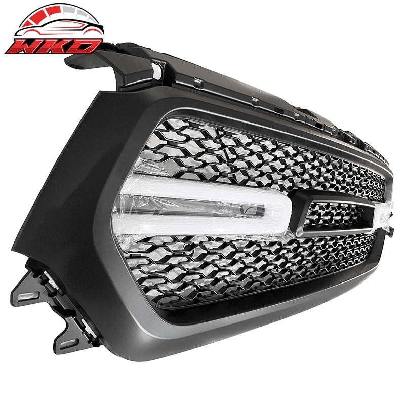 Fits 19-24 Dodge Ram 1500 Front Bumper Hood Mesh Grille W/ White LED Matte Black