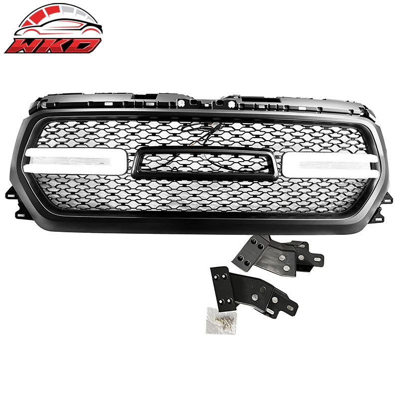 Fits 19-24 Dodge Ram 1500 Front Bumper Hood Mesh Grille W/ White LED Matte Black