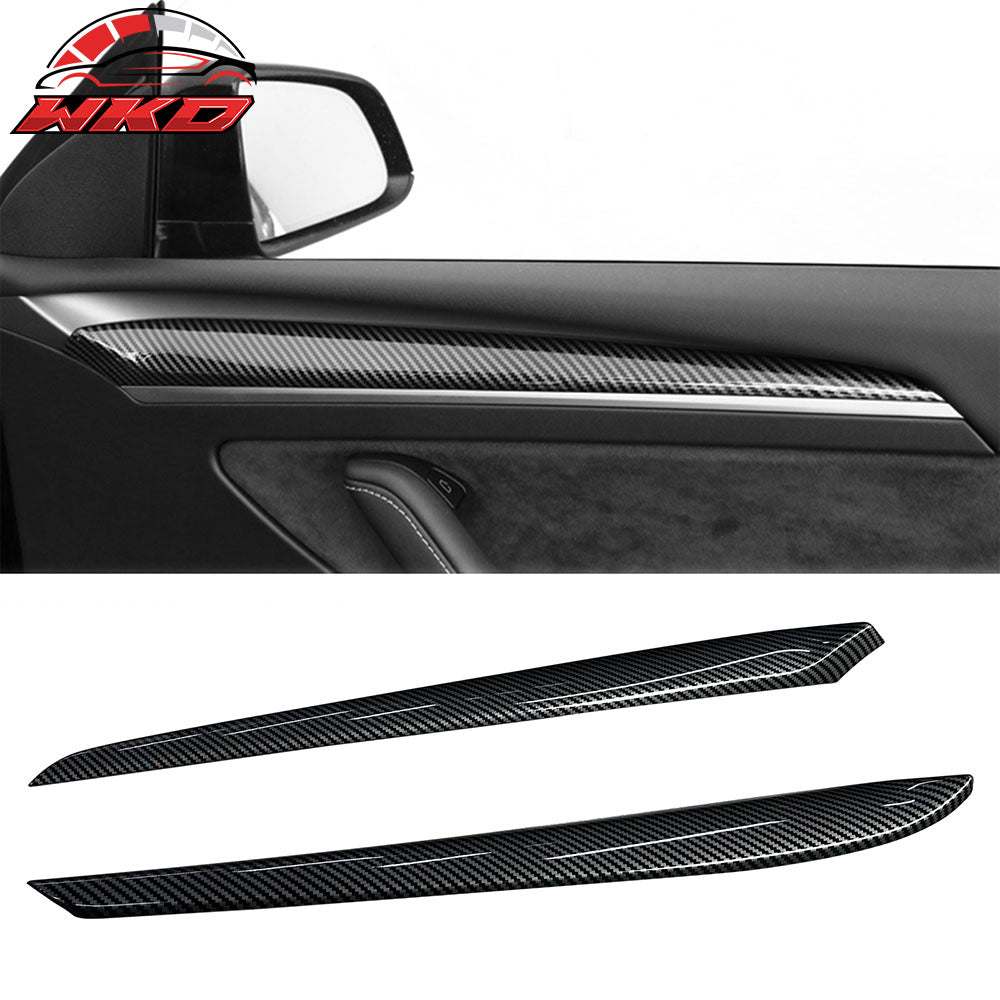 Fits 21-23 Tesla Model 3 23 Y Front Door Panel Trim Carbon Fiber Print 2PCS ABS