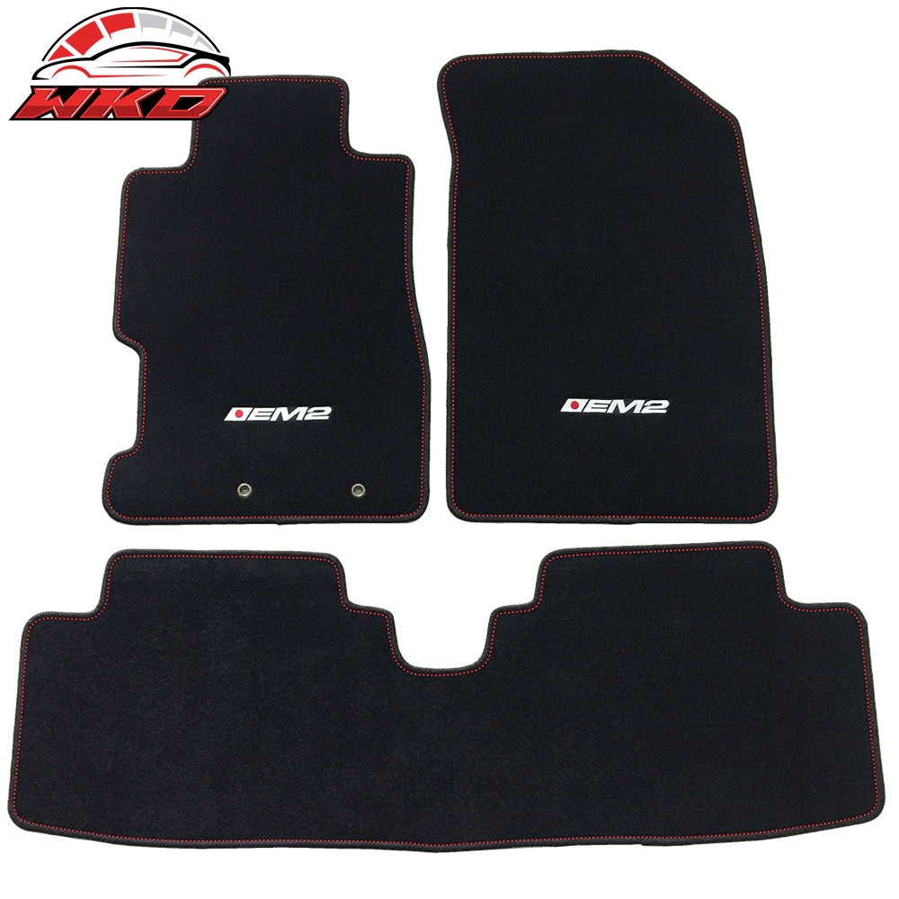Wholesale 01-05 Honda Civic 4Dr 3PC Floor Mats W/EM2 Logo & Red Stitching Nylon Black