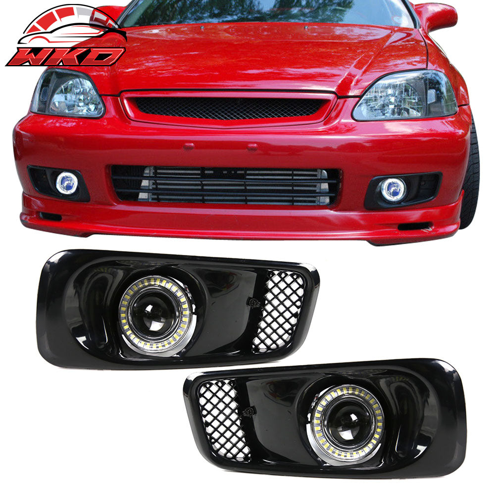 Fits 99-00 Honda Civic White LED Halo DRL Projector Fog Lights Lamps