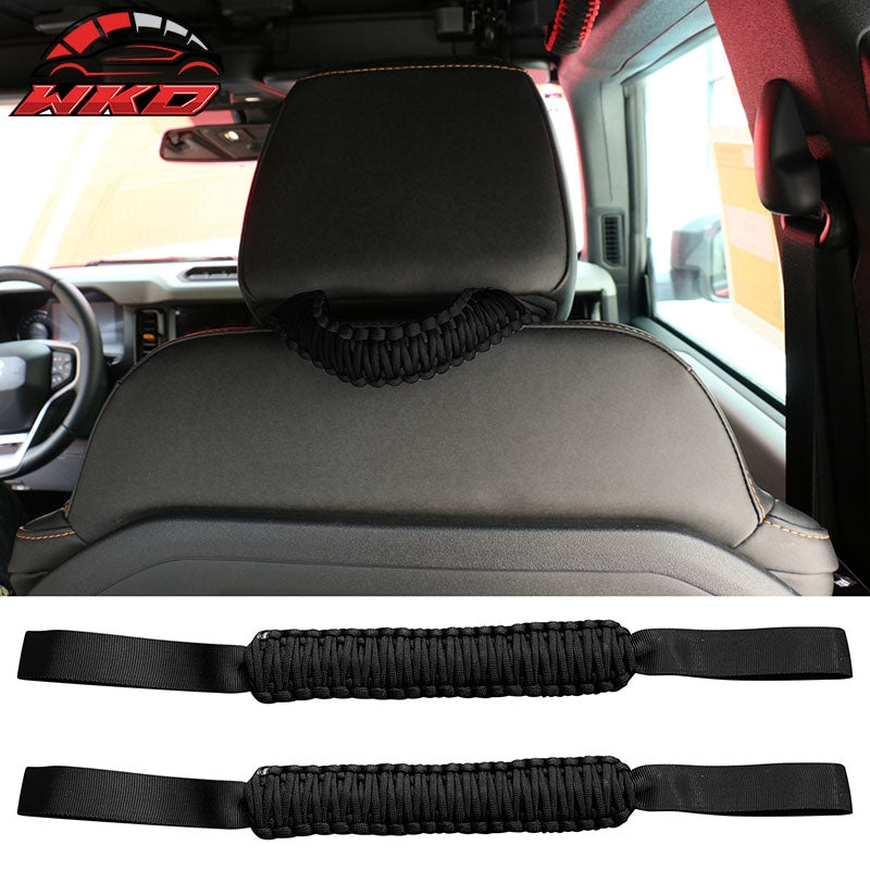 Fits 21-26 Ford Bronco 2PC Front Headrest Handle + 2PC Roll Bar Grab Black Nylon
