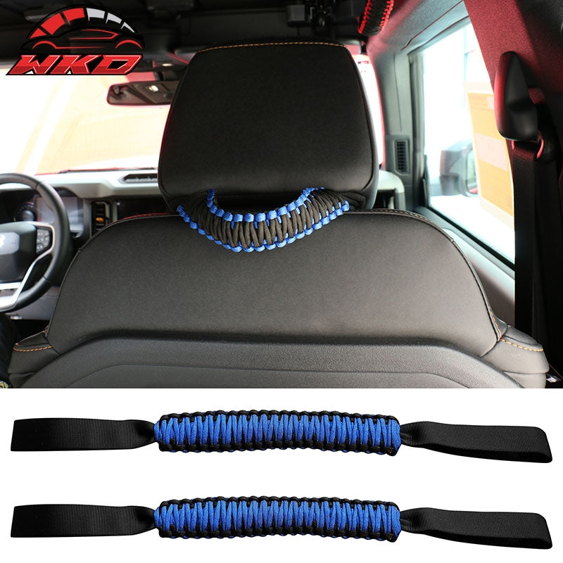 Fits 21-26 Ford Bronco 2PC Front Headrest Handle + 2PC Roll Bar Grab Blue Nylon
