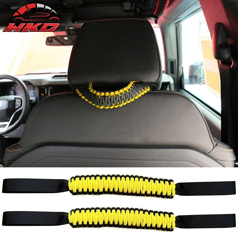 For 21-26 Ford Bronco 2PC Front Headrest Handle + 2PC Roll Bar Grab Yellow Nylon