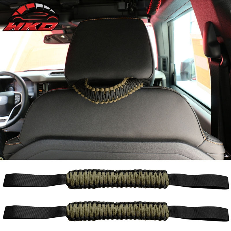 Fits 21-26 Ford Bronco Front Headrest Handles Roll Bar Grab Green Nylon 2PCS