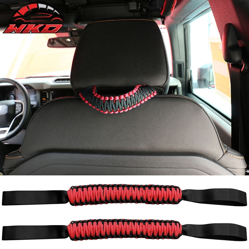 Fits 21-26 Ford Bronco Front Headrest Handles Roll Bar Grab Red Nylon 2PCS