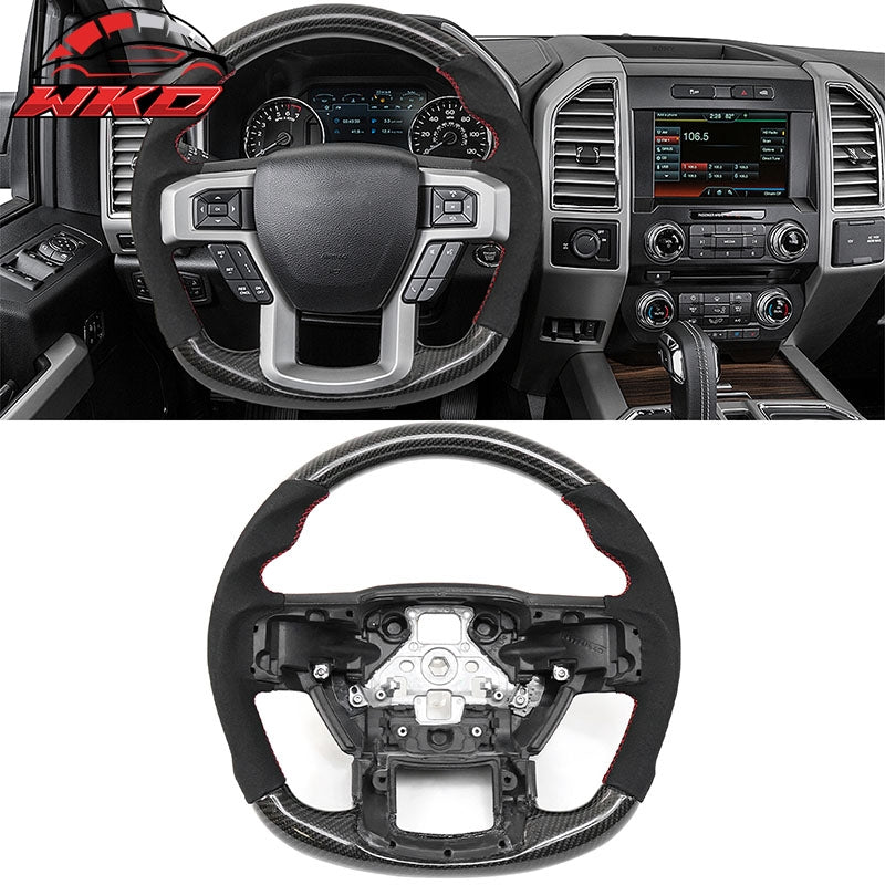 Fits 15-20 F150 17-22 F250 Carbon Fiber Steering Wheel Alcantara W/ Red Stitch