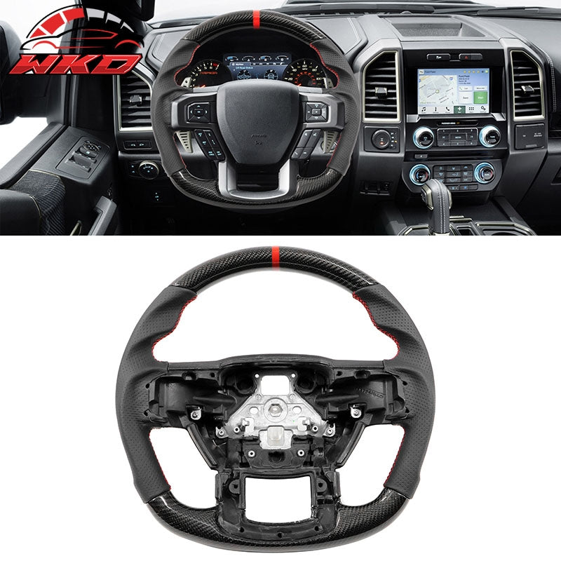 Fits 15-22 Ford F-150 F-250 Steering Wheel Carbon Fiber W/Red Stitch & Indicator