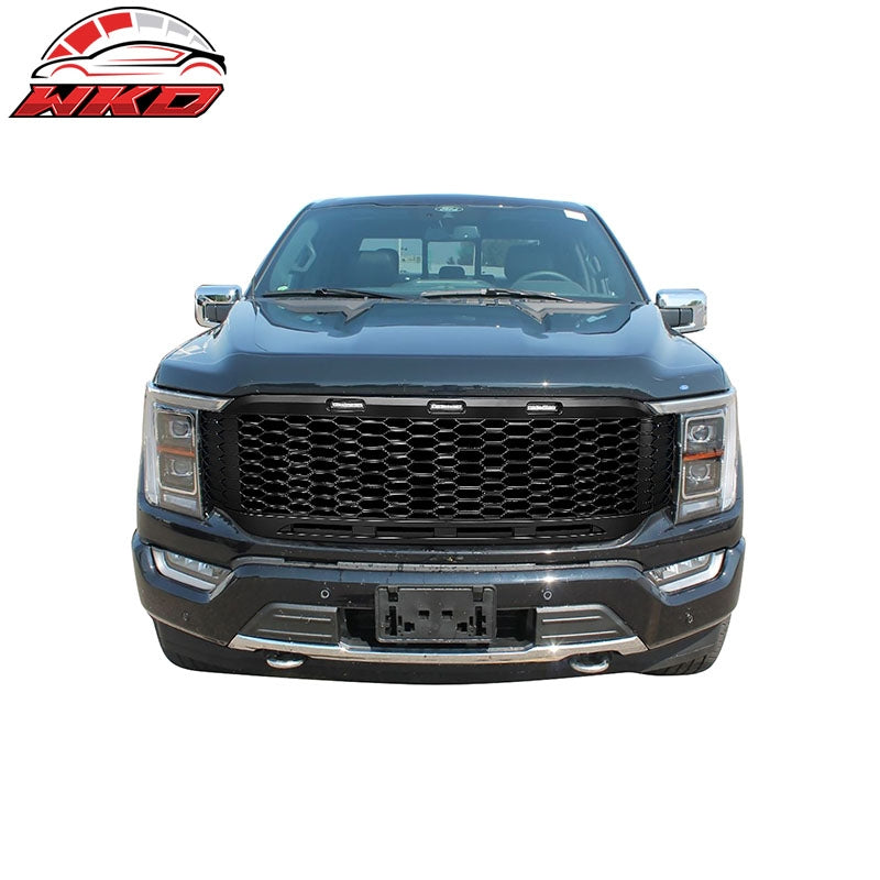 Fits 21-23 Ford F-150 Front Bumper Hood Grille ABS R Style - Matte Black W/LED
