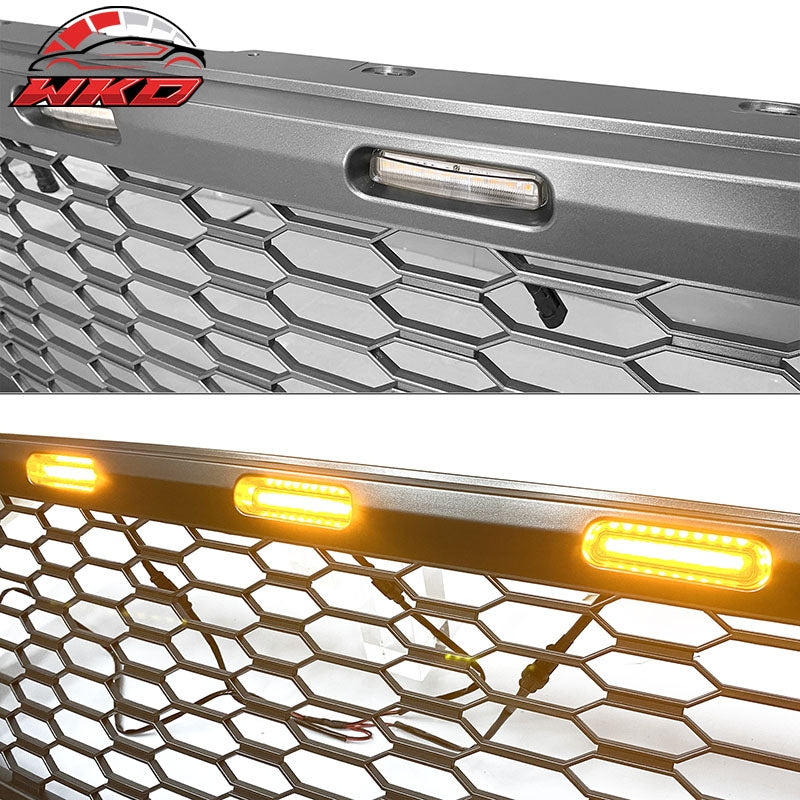 Fits 2021-2023 Ford F-150 Gray Front Mesh Hood Grill Grille ABS R Style W/LED