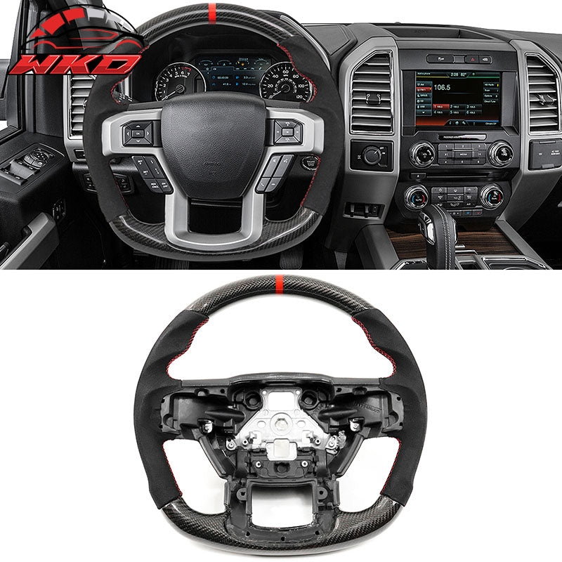 Fits 15-22 Ford F-150 Steering Wheel W/Red Stitch & Indicator Carbon Fiber CF