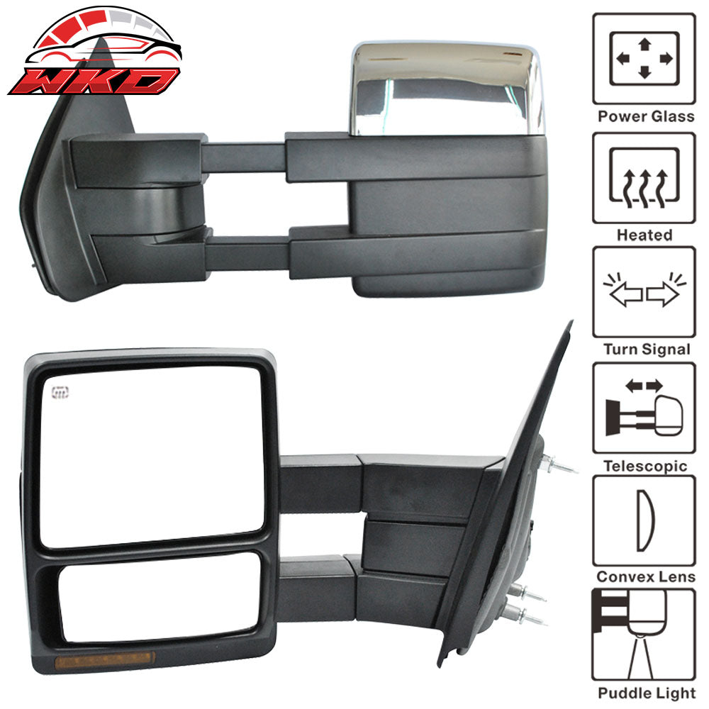 Fits 09-14 F150 Towing Mirrors Power Heated Turn Signal Puddle Light Pair Chrome
