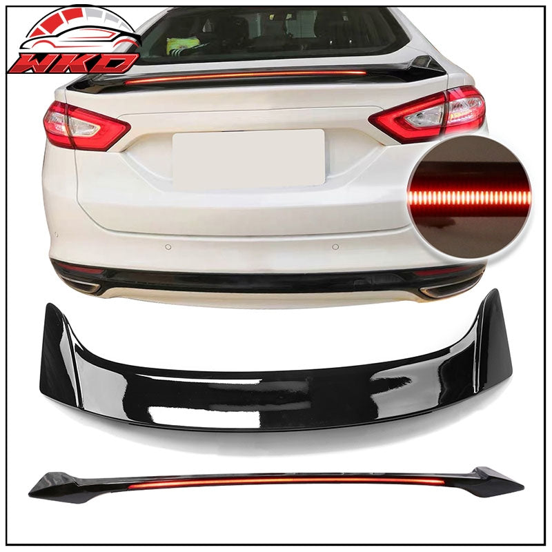 Fits 13-20 Ford Fusion Trunk Spoiler Gloss Black ABS Rear Tail Wing w/ Long LED