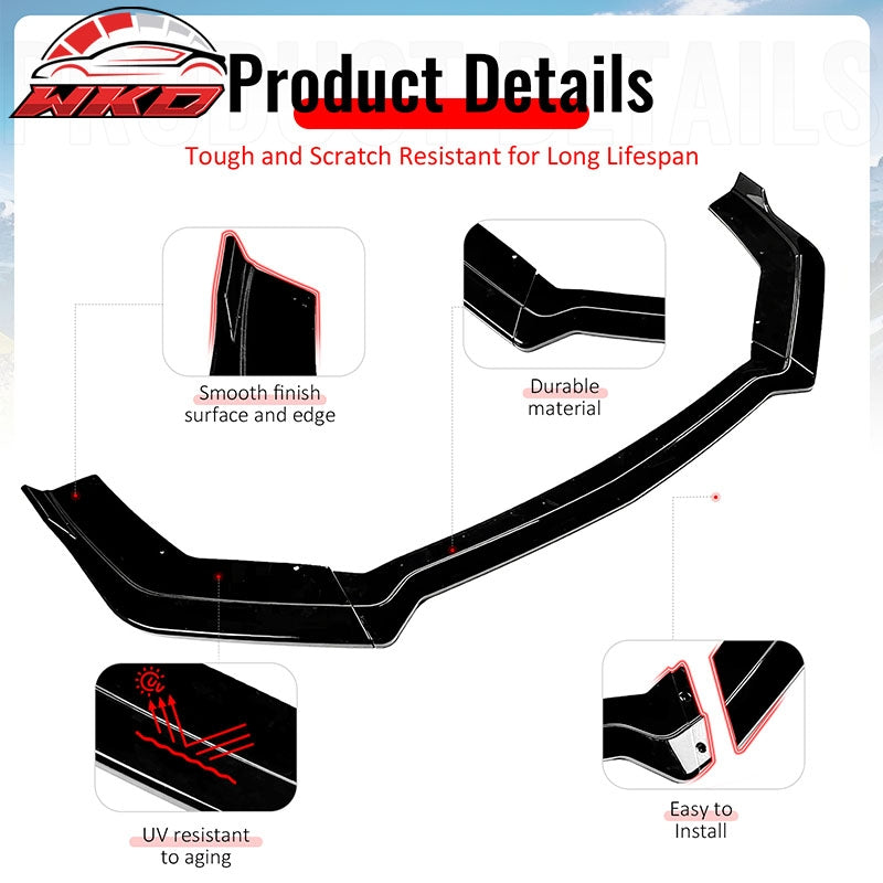 Fits 18-23 Ford Mustang Ecoboost/GT IKON Style Front Bumper Lip Gloss Black 3PCS