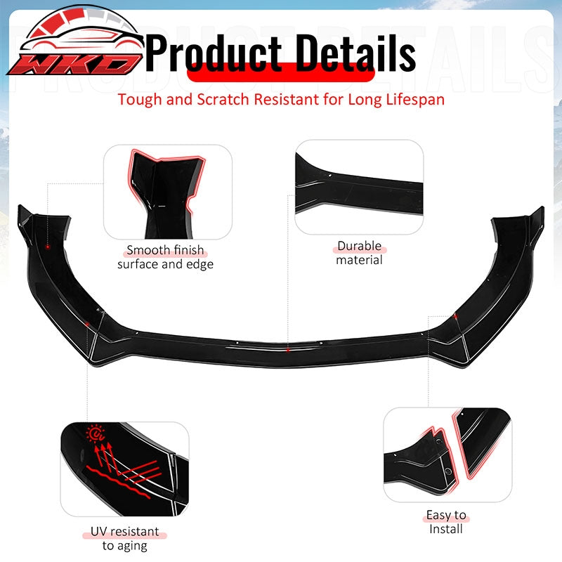 Fits 15-17 Ford Mustang Ecoboost/GT/V6 IKON V2 Front Bumper Lip Gloss Black 3PCS
