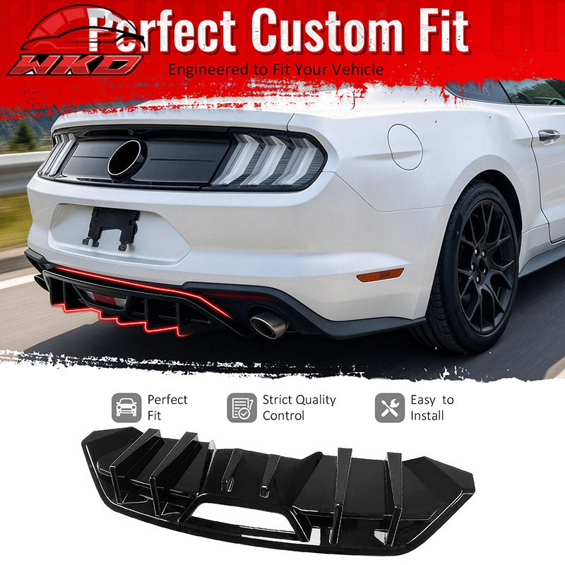 Fits 18-23 Ford Mustang Ecoboost IKON Style Rear Bumper Diffuser PP Gloss Black