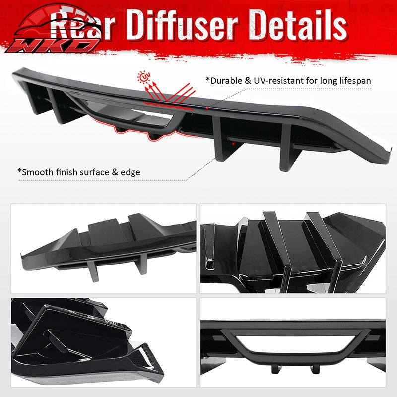Fits 18-23 Ford Mustang Ecoboost IKON Style Rear Bumper Diffuser PP Gloss Black