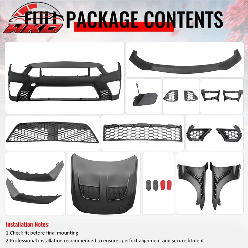 For 15-17 Ford Mustang GTD Style Front Bumper Conversion + Fender + Hood +Grille
