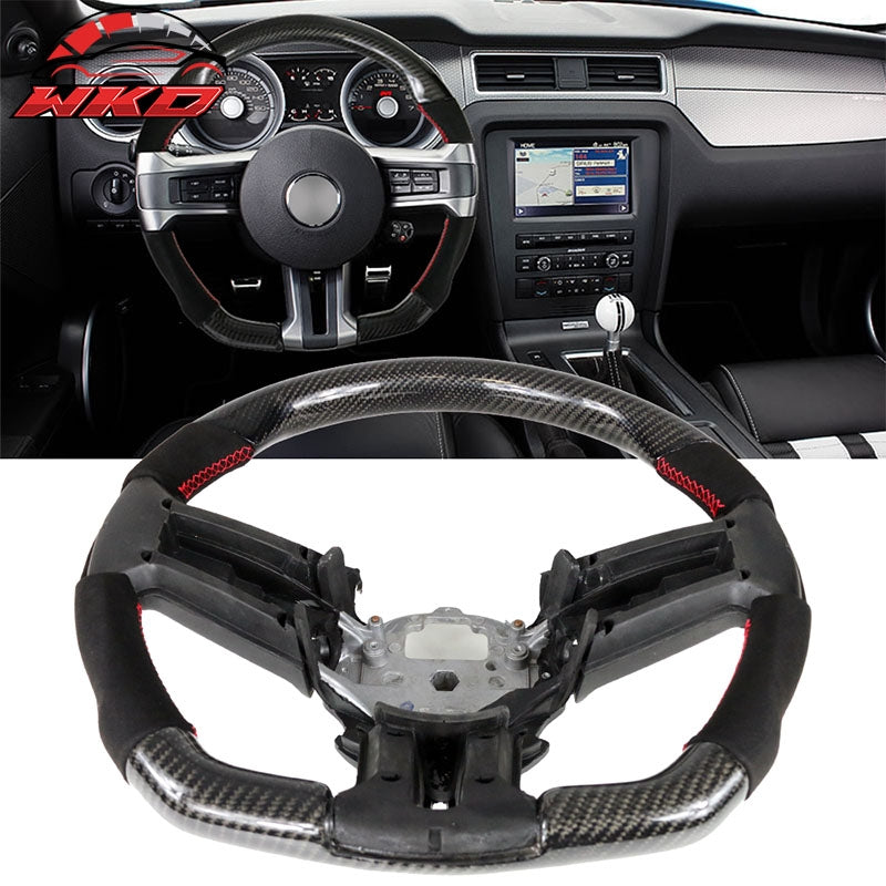 Fits 10-14 Ford Mustang Steering Wheel W/Red Stitching Alcantara Carbon Fiber CF