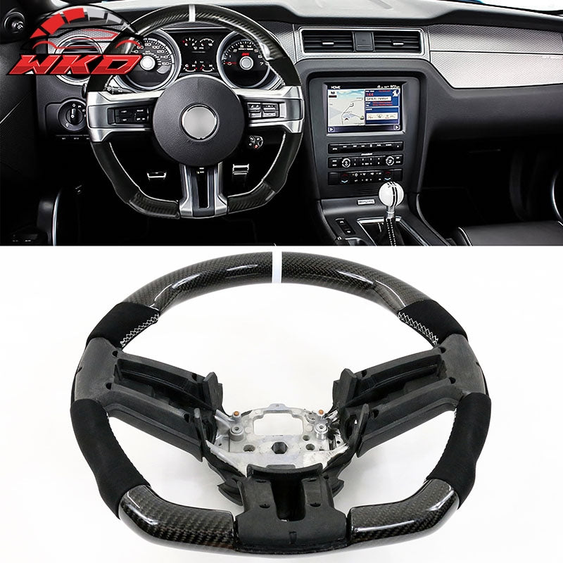 Fit 10-14 Ford Mustang Steering Wheel Carbon Fiber Alcantara White Stitch & Ring
