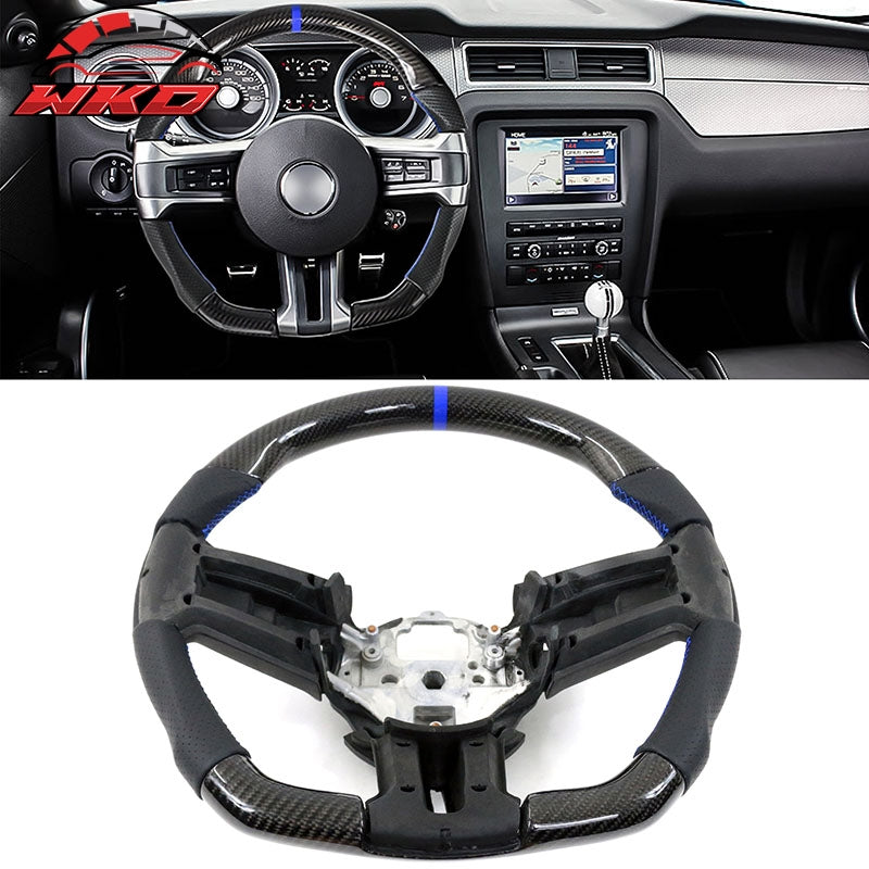 Fit 10-14 Ford Mustang Steering Wheel Carbon Fiber Leather Blue Stitch & Ring