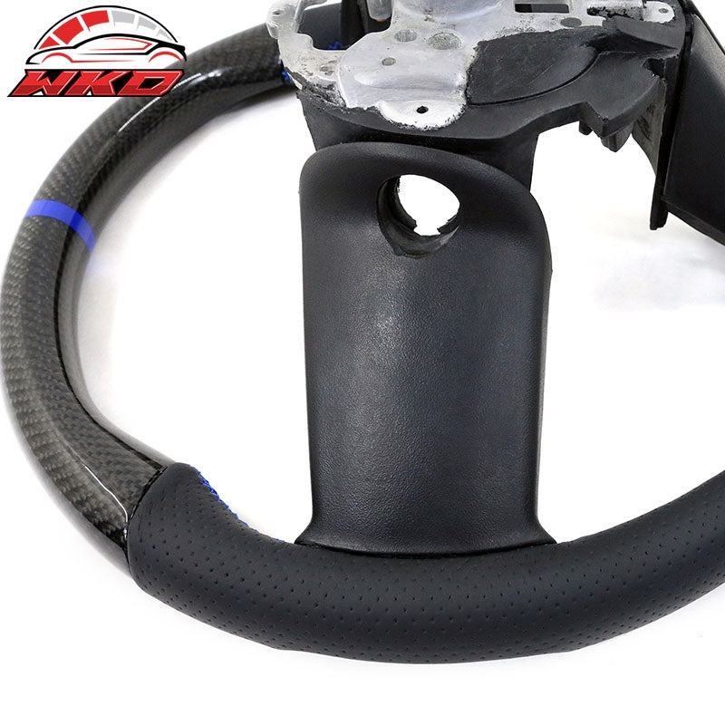 Fit 10-14 Ford Mustang Steering Wheel Carbon Fiber Leather Blue Stitch & Ring