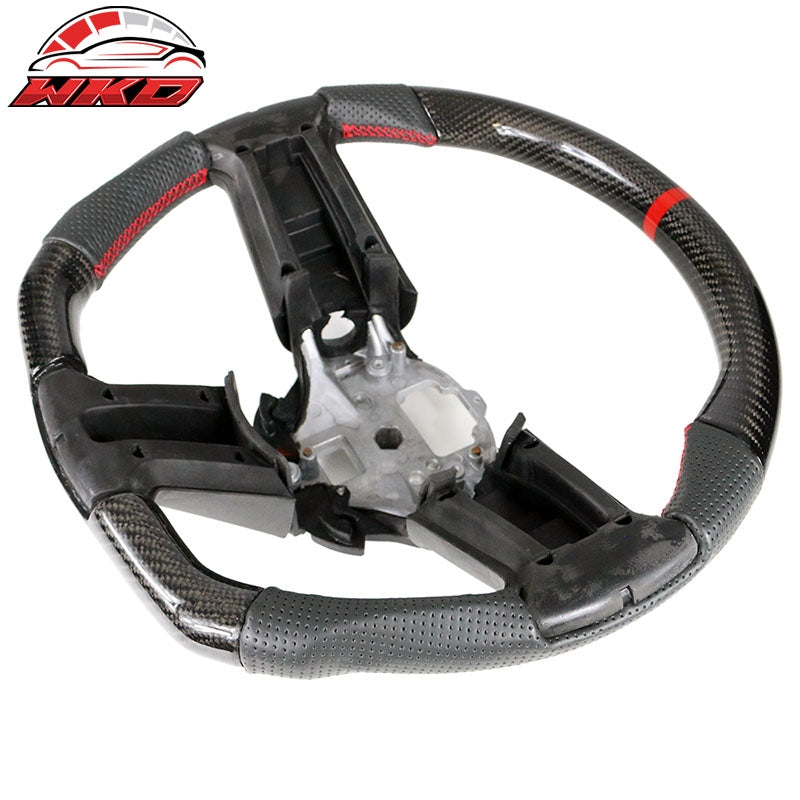 Fit 10-14 Ford Mustang Steering Wheel Carbon Fiber Leather Red Stitch & Ring