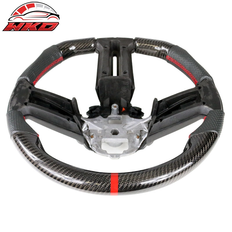 Fit 10-14 Ford Mustang Steering Wheel Carbon Fiber Leather Red Stitch & Ring