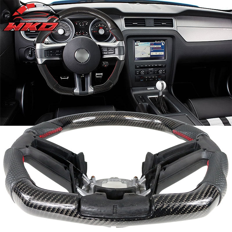 Fits 10-14 Ford Mustang Carbon Fiber + Leather Steering Wheel W/Red Stitching