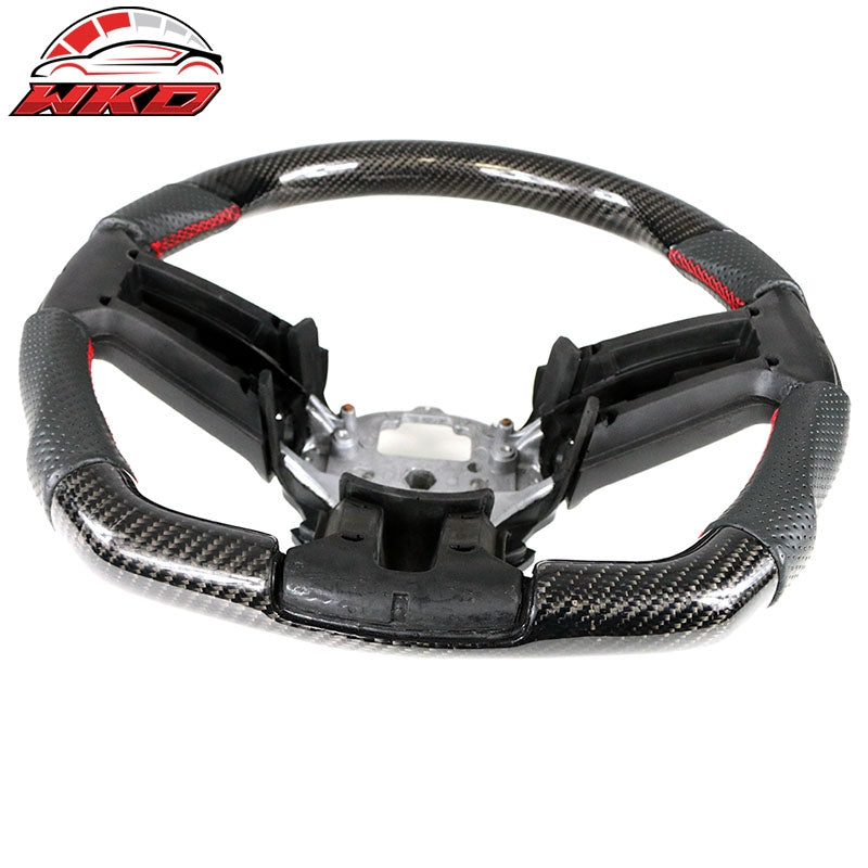Fits 10-14 Ford Mustang Carbon Fiber + Leather Steering Wheel W/Red Stitching
